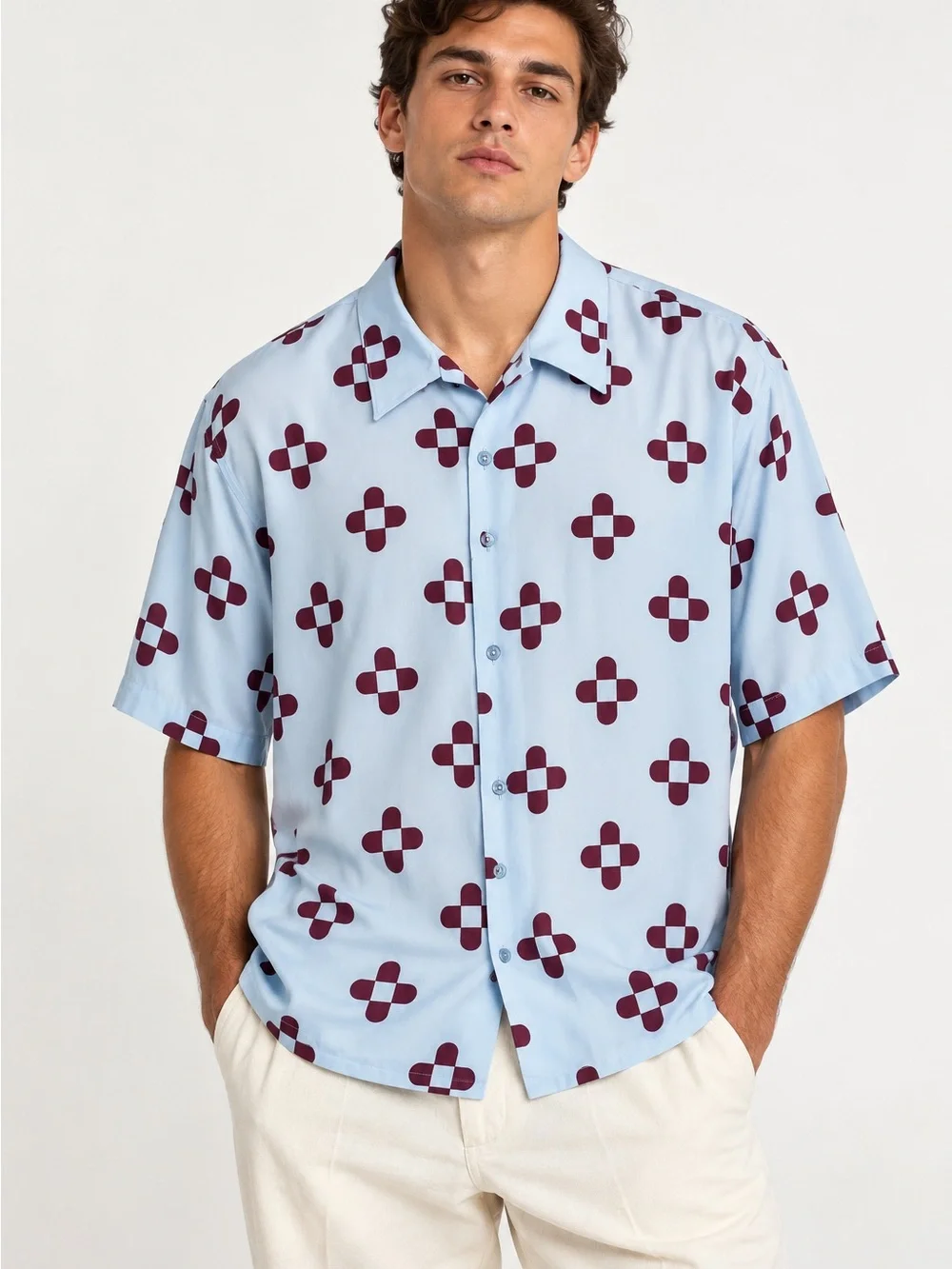 Light Blue Short-Sleeve Camp Shirt with Burgundy Geo Print